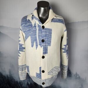 American Stitch Blue and White Aztec Print Quilted Ranch Sweater | Men's Small